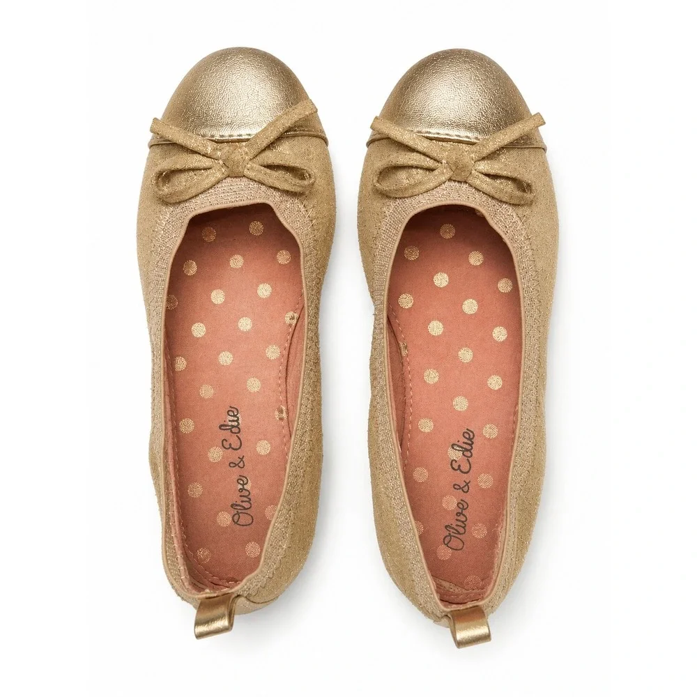 Olive & Edie Girls Gold Glitter Taylor Ballet Flats Shoes Metallic Bow Size 12M